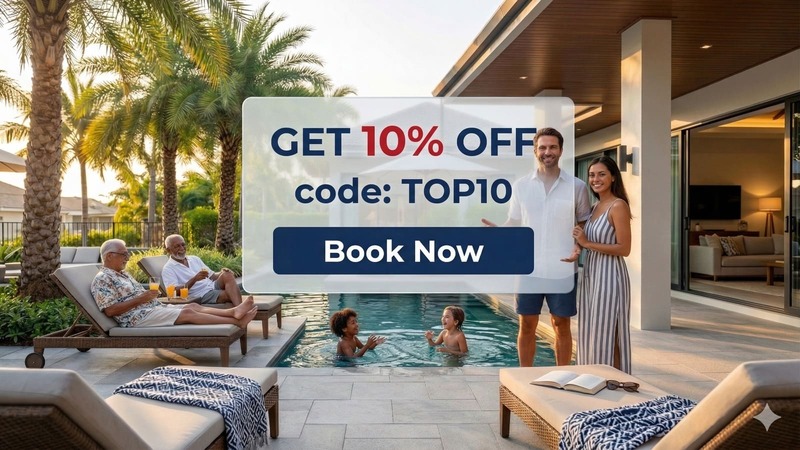 Banner de Top Stay Orlando con código de descuento del 10% para reservas de casas vacacionales hoy mismo.