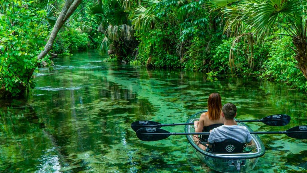 Pareja adultas haciendo kayak transparente en un manantial cristalino rodeado de selva en Florida.
