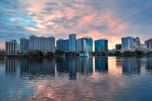 Downtown Orlando skyline at sunset