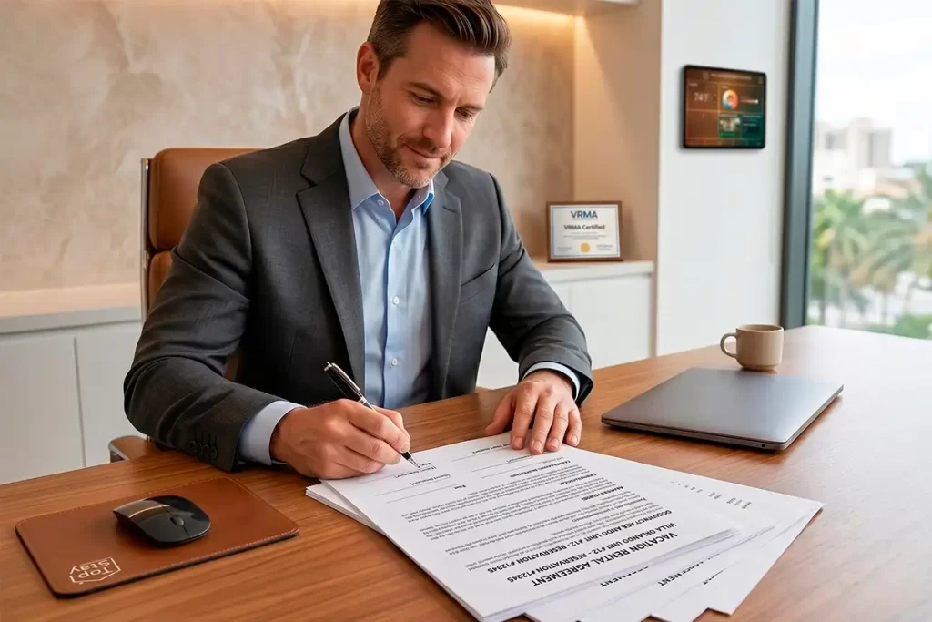Asesor inmobiliario firmando un contrato alquiler vacacional