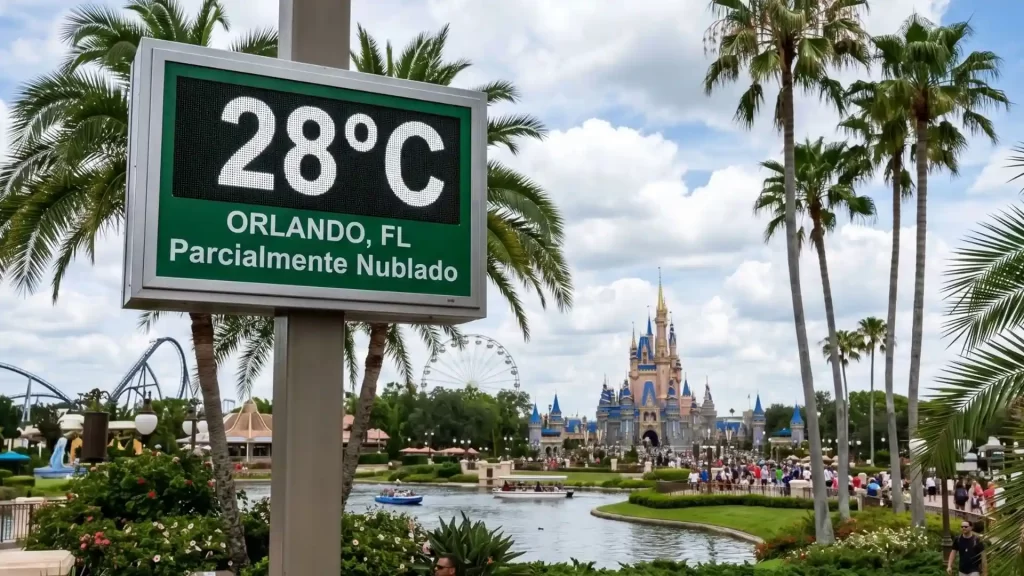 Cartel con temperatura de 28°C y cielo parcialmente nublado en Orlando, Florida