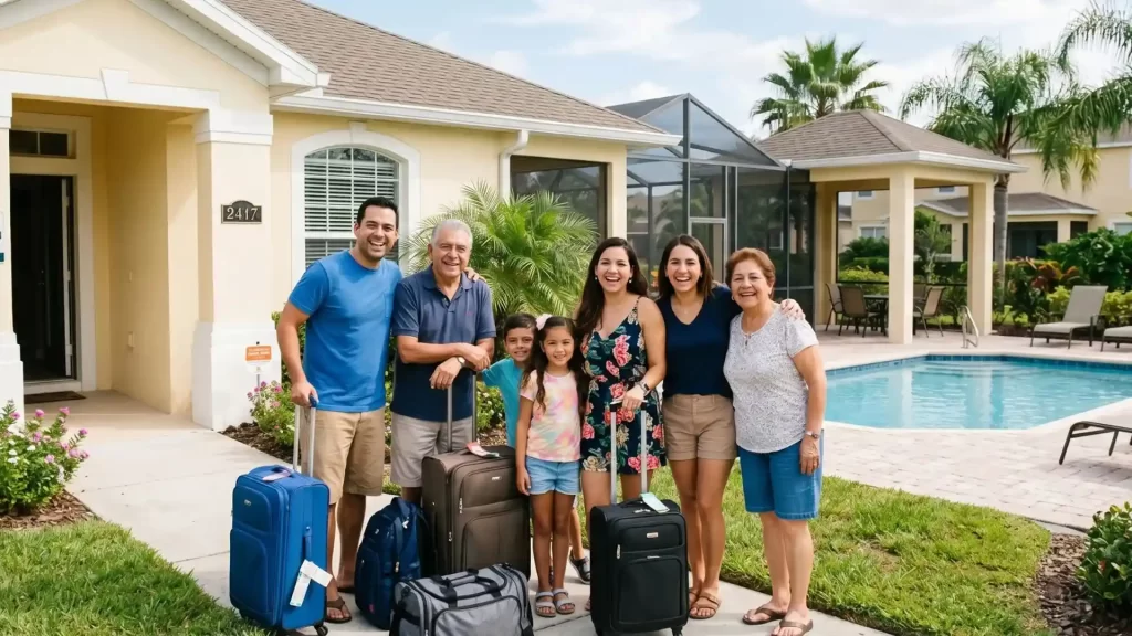 Familia latina multigeneracional llegando con maletas a vacation home con piscina privada en comunidad resort de Kissimmee.