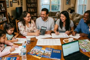 Grupo de familias latinas planificando y dividiendo gastos de viaje grupal a Orlando con calculadora, hojas de presupuesto y laptop en mesa