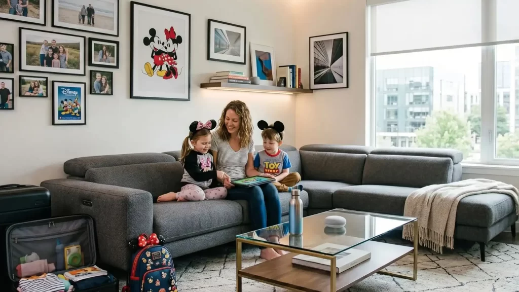 Madre con dos hijos con orejas temáticas revisando tablet en sala de vacation home en Orlando, con maletas y mochila.