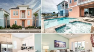 Collage de casa vacacional en Lake Buena Vista con fachada, piscina, cocina y sala.