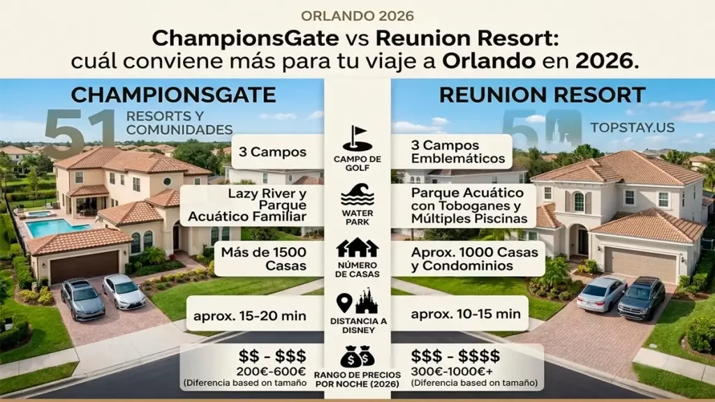 Infografía comparando ChampionsGate y Reunion Resort para casas vacacionales en Orlando 2026.
