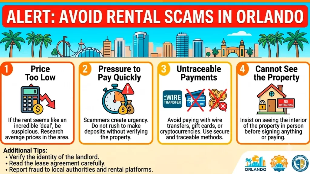 Infographic with four warning signs to avoid vacation rental scams in Orlando Florida.