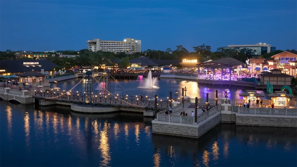 Night view of the lake and entertainment district at Disney Springs in Lake Buena Vista.
