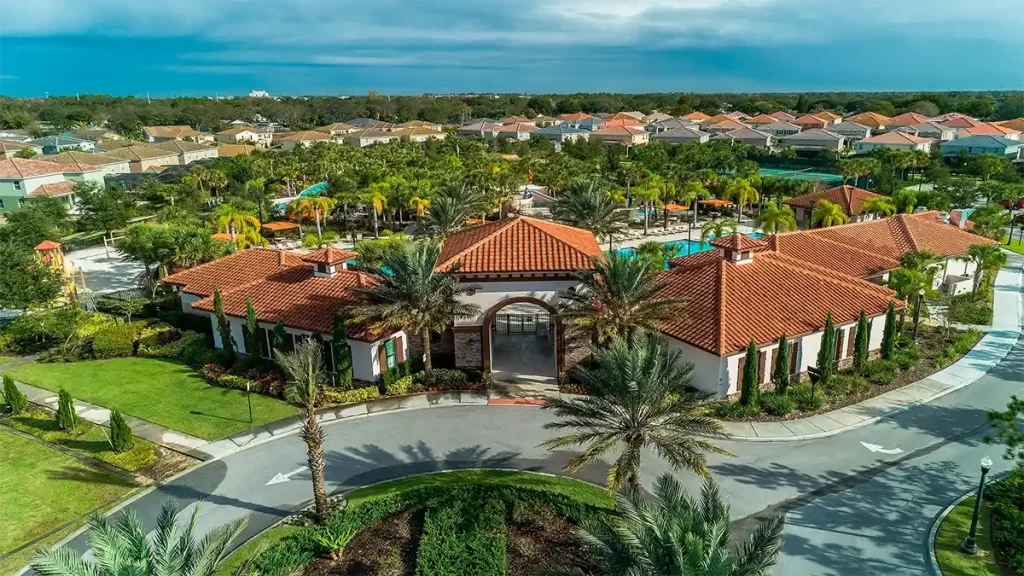 Aerial view of Encantada Resort clubhouse and residential community in Kissimmee Orlando.
