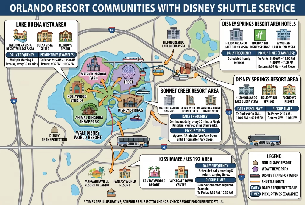 Map of Orlando tourist communities with Disney shuttle routes and pickup schedules.
