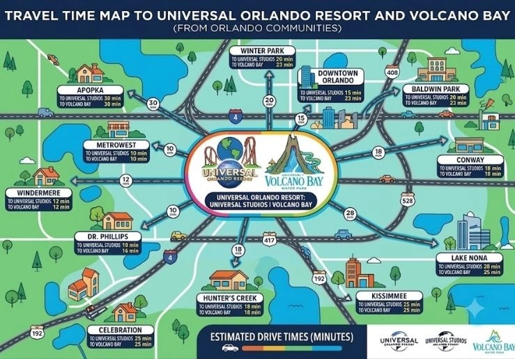 Map showing drive times from Orlando communities to Universal Studios and Volcano Bay.