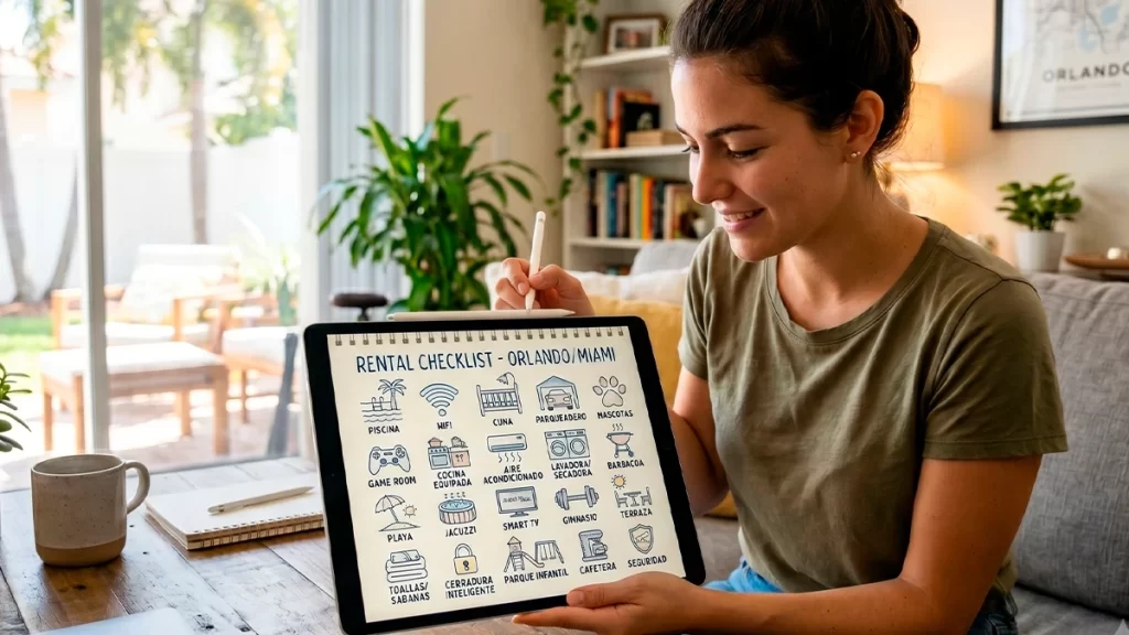 Mujer revisando checklist de amenidades para casa vacacional en Orlando desde su tablet.