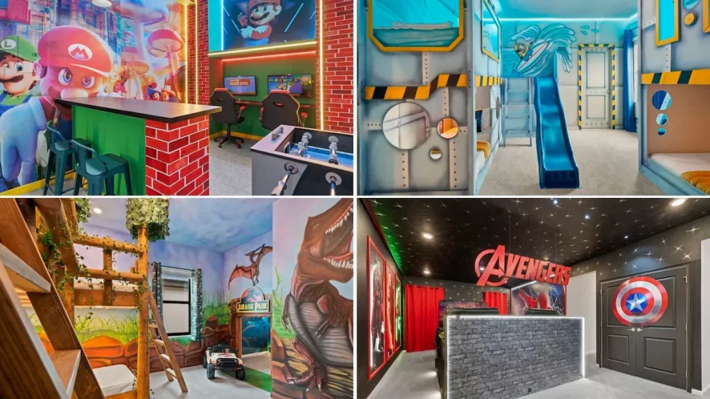 Four themed kids bedrooms inside vacation rental homes near Orlando Florida.
